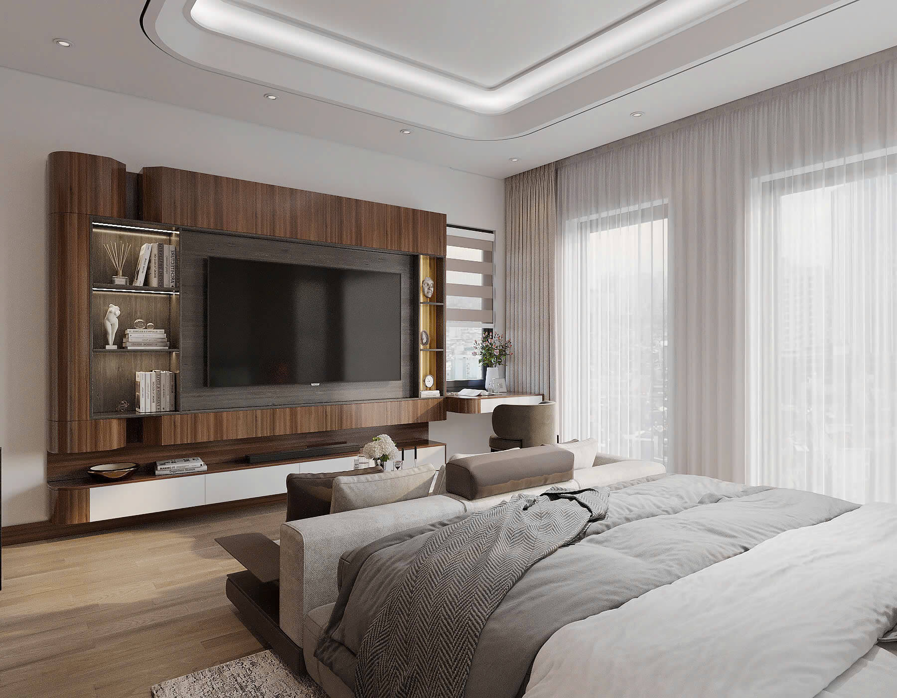 Kệ tivi và vách ốp gỗ nội thất phòng ngủ đẹp tại Hưng Yên